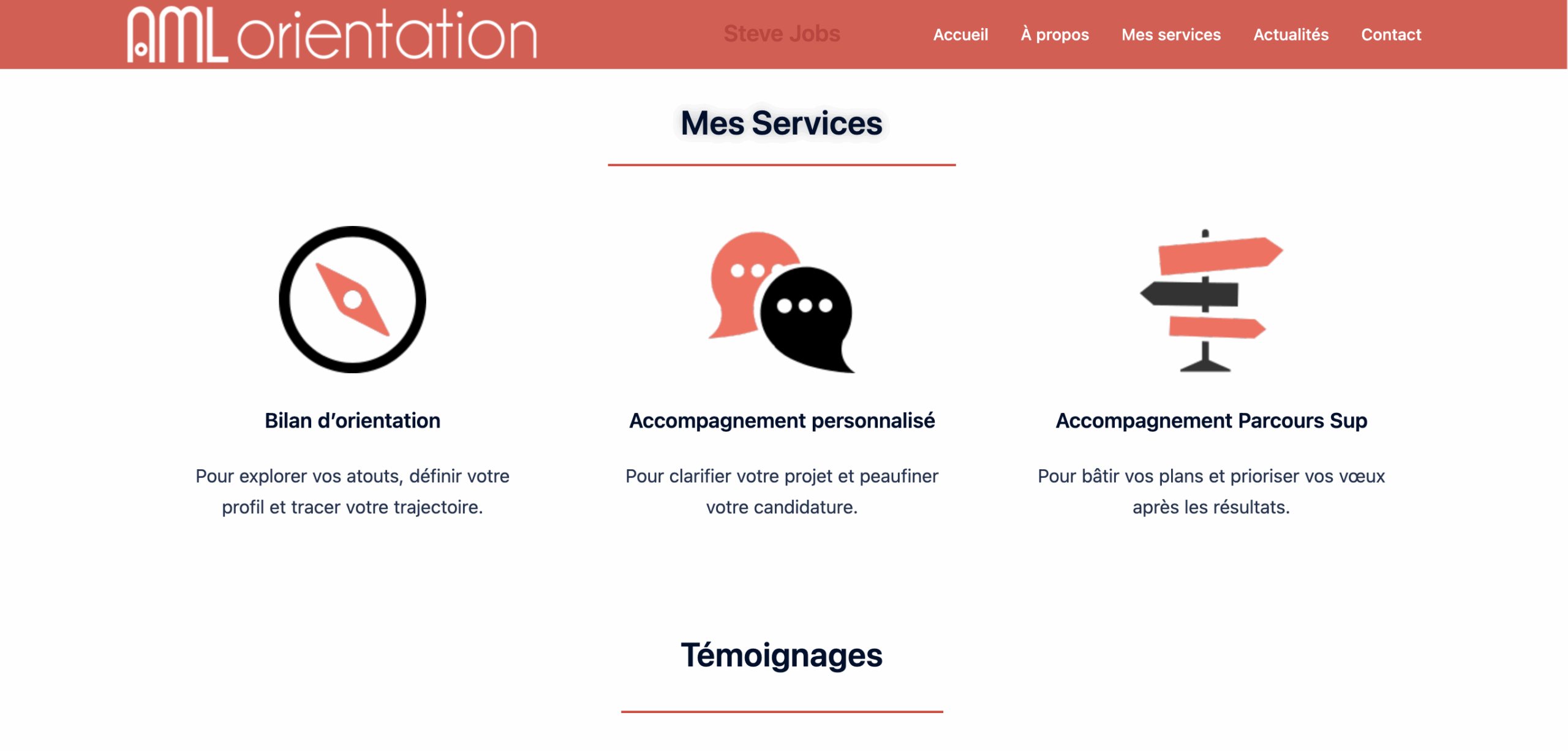 Section Mes services du site AML Orientation avec icônes Bilan d’orientation, Accompagnement personnalisé et ParcourSup